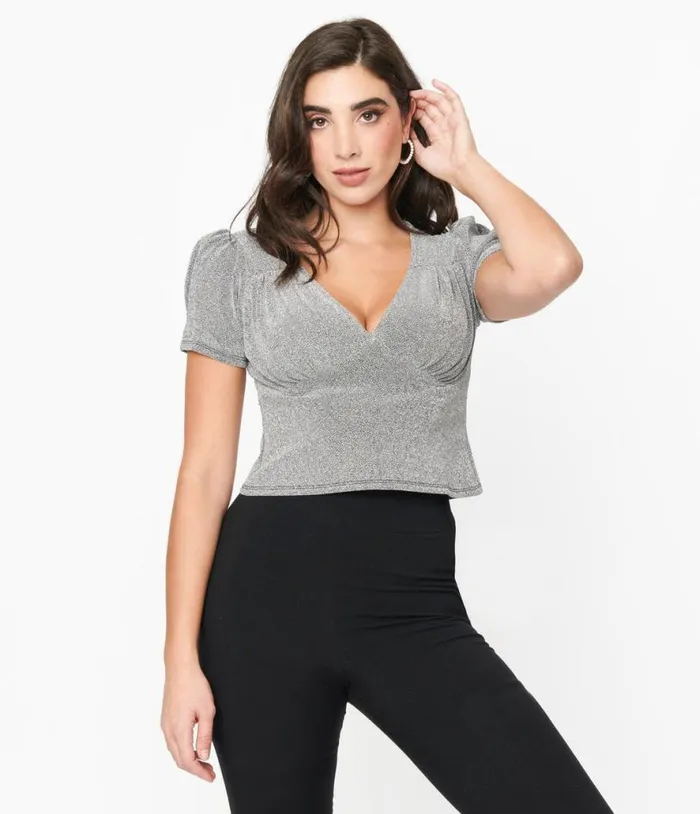 Hell Bunny Silver Lurex Loco Motion Top ClothingPlus Unique Vintage Blouses