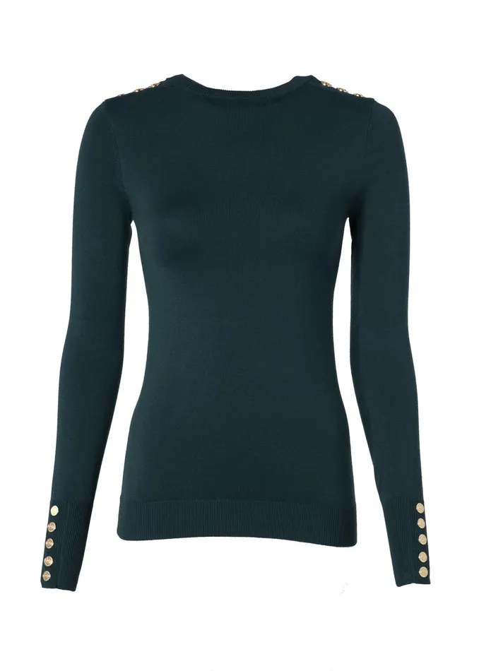Holland Cooper Buttoned Knit Crew Neck Deep Emerald Women Knitwear Holland Cooper Buttoned Knit Crew Neck Deep Emerald Women Knitwear