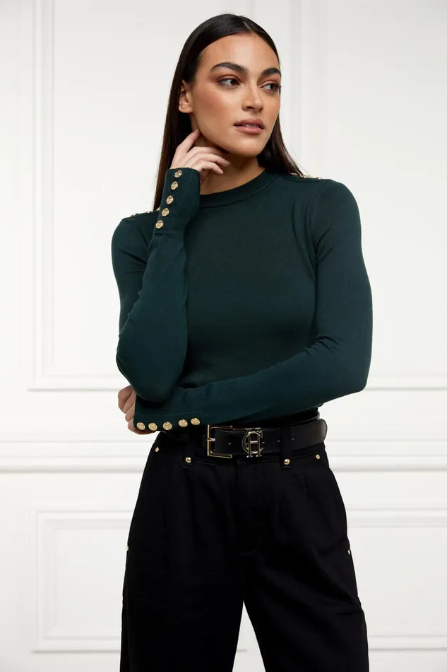 Holland Cooper Buttoned Knit Crew Neck Deep Emerald Women Knitwear Holland Cooper Buttoned Knit Crew Neck Deep Emerald Women Knitwear