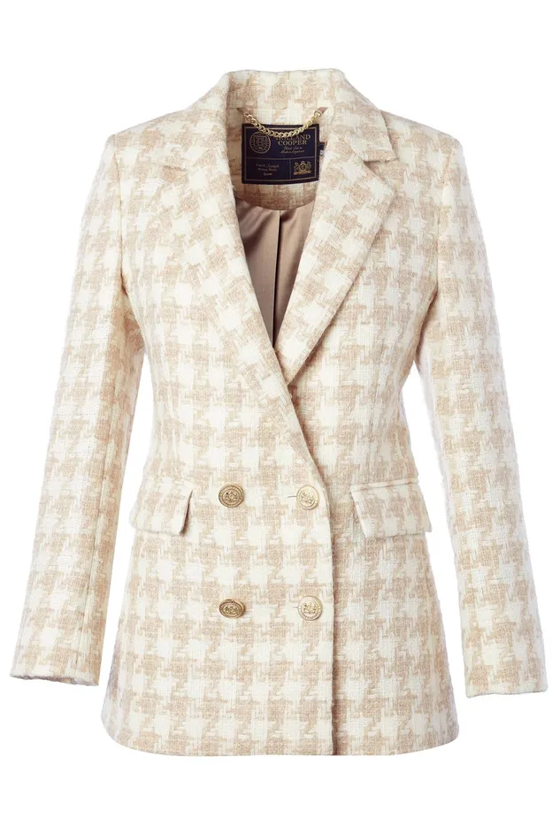 Holland Cooper Double Breasted Blazer Camel Houndstooth Women Tailoring