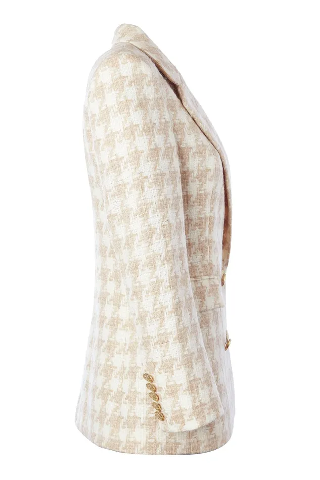 Holland Cooper Double Breasted Blazer Camel Houndstooth Women Tailoring