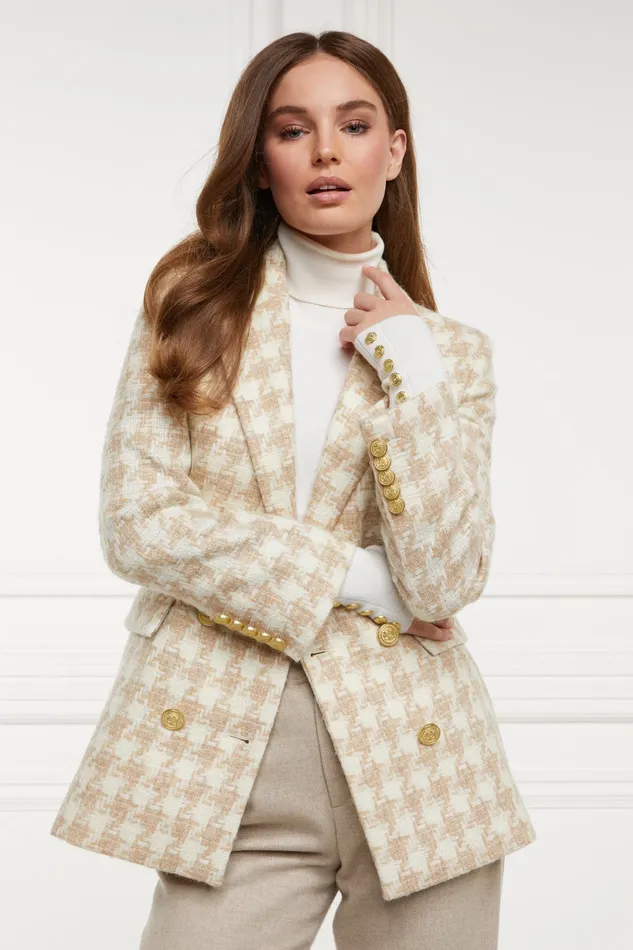 Holland Cooper Double Breasted Blazer Camel Houndstooth Women Tailoring