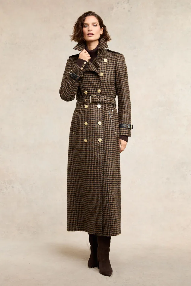 Holland Cooper Full Length Marlborough Trench Coat Chocolate Houndstooth Women Trench Coats