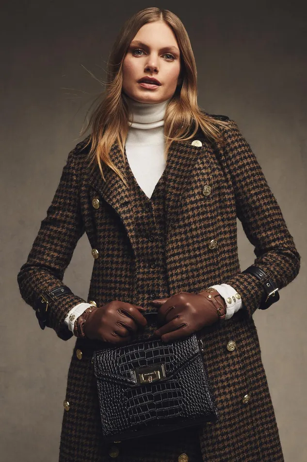 Holland Cooper Full Length Marlborough Trench Coat Chocolate Houndstooth Women Trench Coats