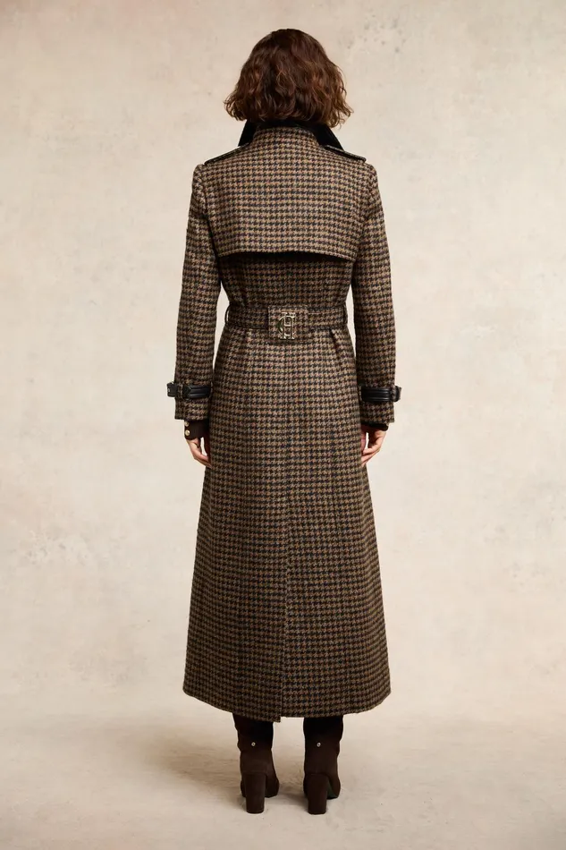 Holland Cooper Full Length Marlborough Trench Coat Chocolate Houndstooth Women Trench Coats