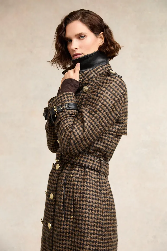Holland Cooper Full Length Marlborough Trench Coat Chocolate Houndstooth Women Trench Coats