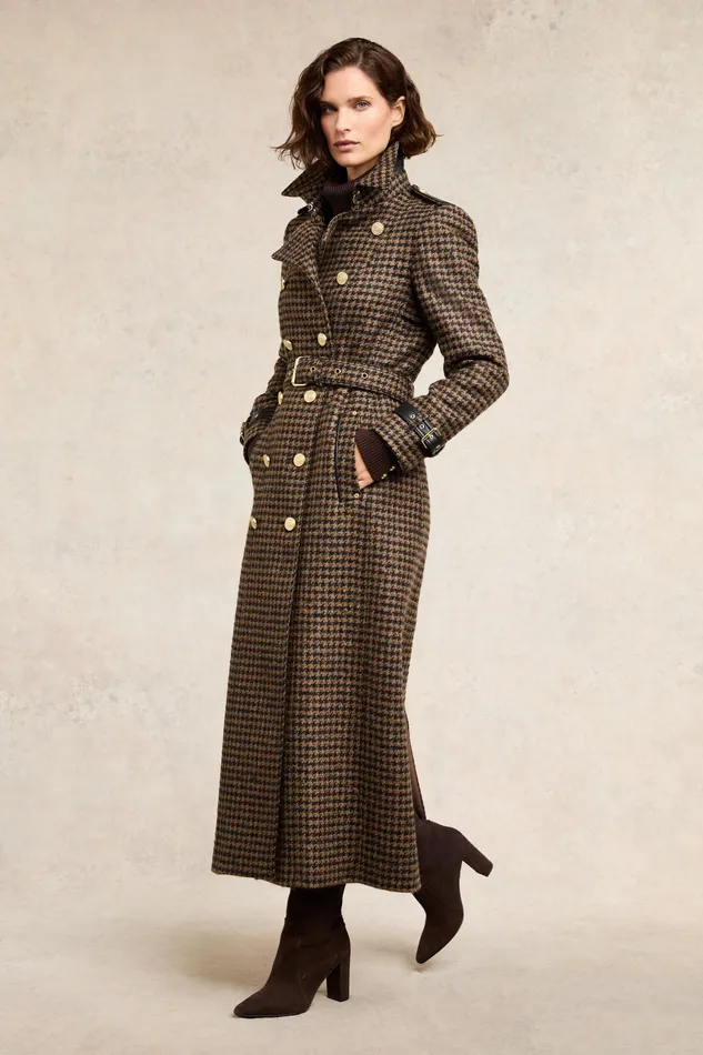 Holland Cooper Full Length Marlborough Trench Coat Chocolate Houndstooth Women Trench Coats