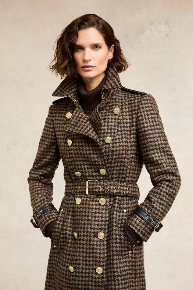 Holland Cooper Full Length Marlborough Trench Coat Chocolate Houndstooth Women Trench Coats