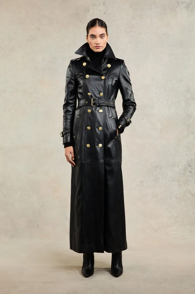Holland Cooper Full Length Marlborough Trench Coat Valencia Leather Black Women Trench Coats