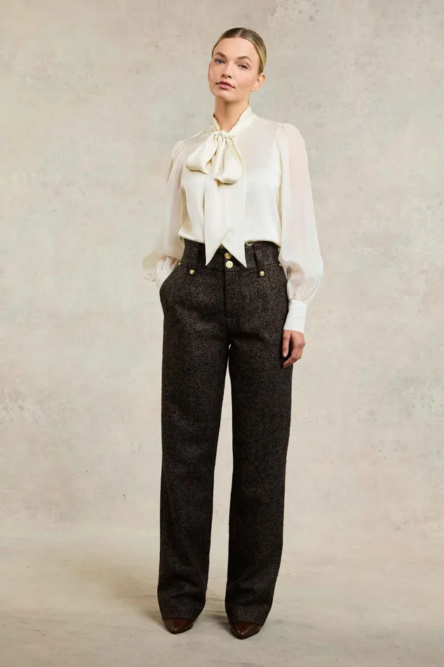 Holland Cooper High Waisted Straight Trouser Walnut Herringbone Women Tailoring