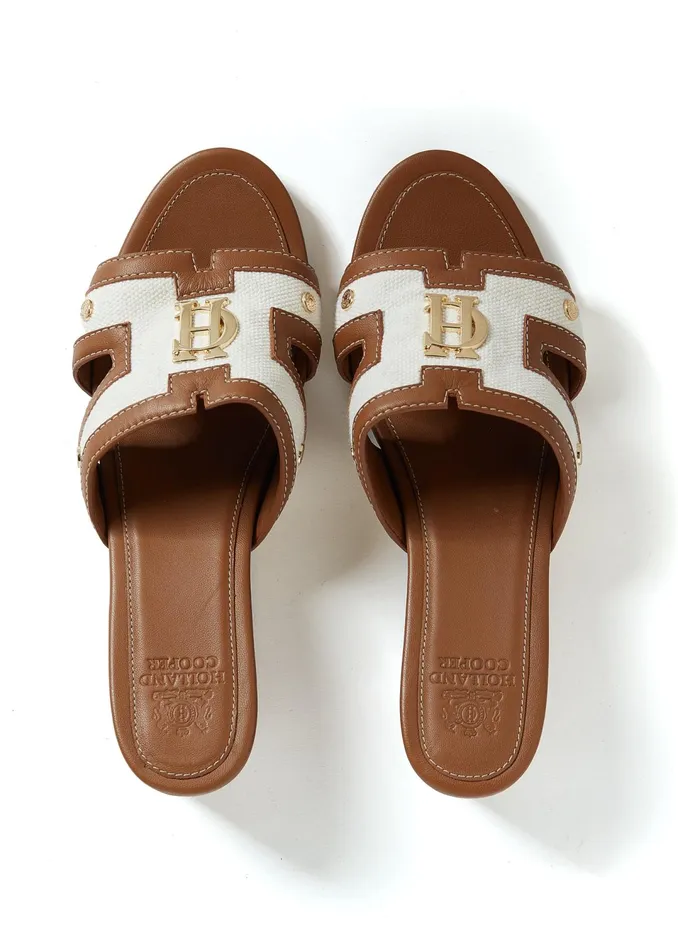 Holland Cooper Monogram Mule Tan Canvas Women Sandals and Slides Holland Cooper Monogram Mule Tan Canvas Women Sandals and Slides
