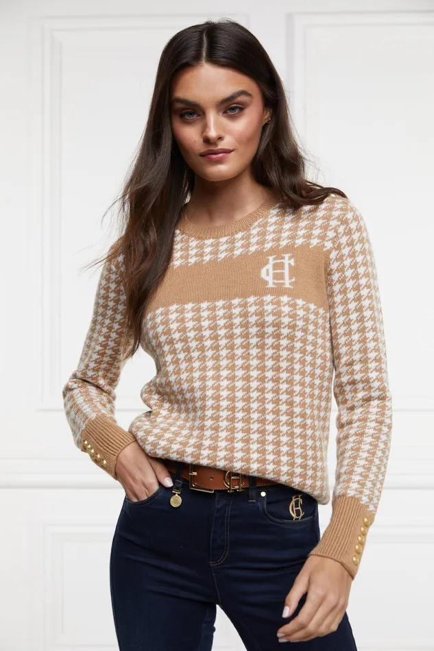 Holland Cooper Panel Crew Neck Knit Camel Houndstooth Women Knitwear