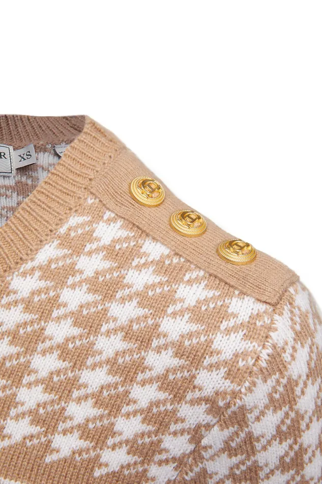 Holland Cooper Panel Crew Neck Knit Camel Houndstooth Women Knitwear Holland Cooper Panel Crew Neck Knit Camel Houndstooth Women Knitwear
