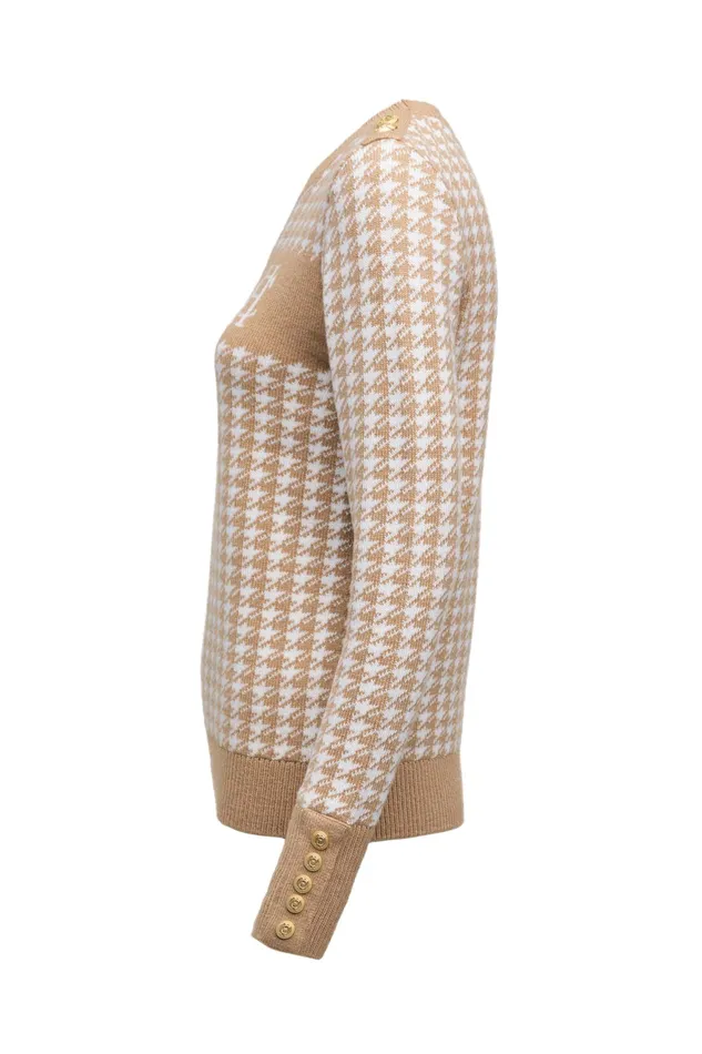 Holland Cooper Panel Crew Neck Knit Camel Houndstooth Women Knitwear Holland Cooper Panel Crew Neck Knit Camel Houndstooth Women Knitwear