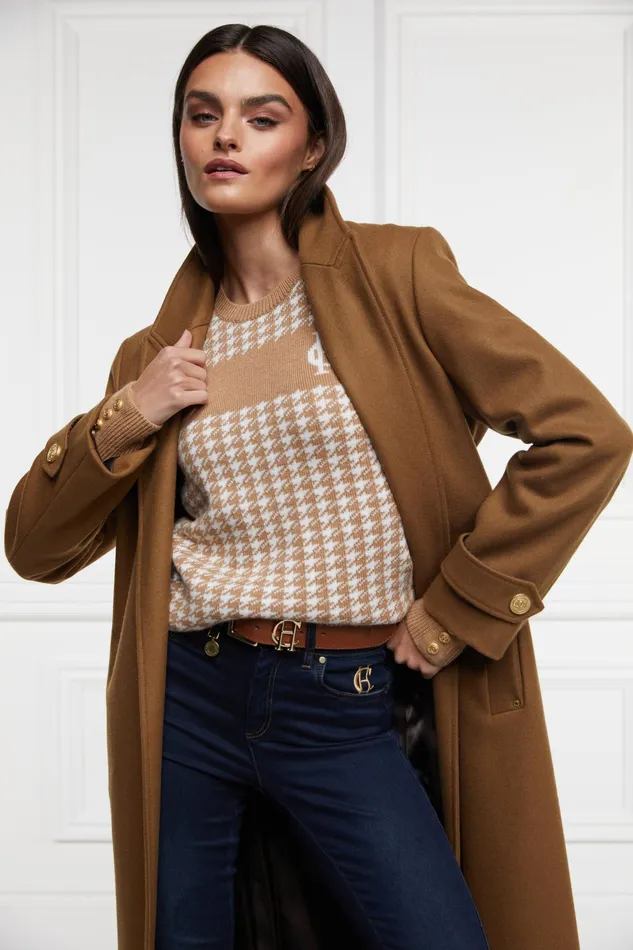 Holland Cooper Panel Crew Neck Knit Camel Houndstooth Women Knitwear Holland Cooper Panel Crew Neck Knit Camel Houndstooth Women Knitwear