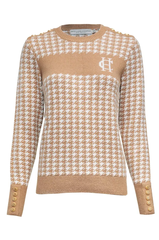 Holland Cooper Panel Crew Neck Knit Camel Houndstooth Women Knitwear Holland Cooper Panel Crew Neck Knit Camel Houndstooth Women Knitwear