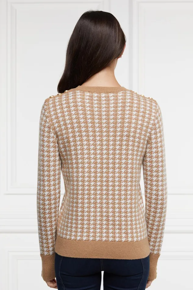 Holland Cooper Panel Crew Neck Knit Camel Houndstooth Women Knitwear Holland Cooper Panel Crew Neck Knit Camel Houndstooth Women Knitwear