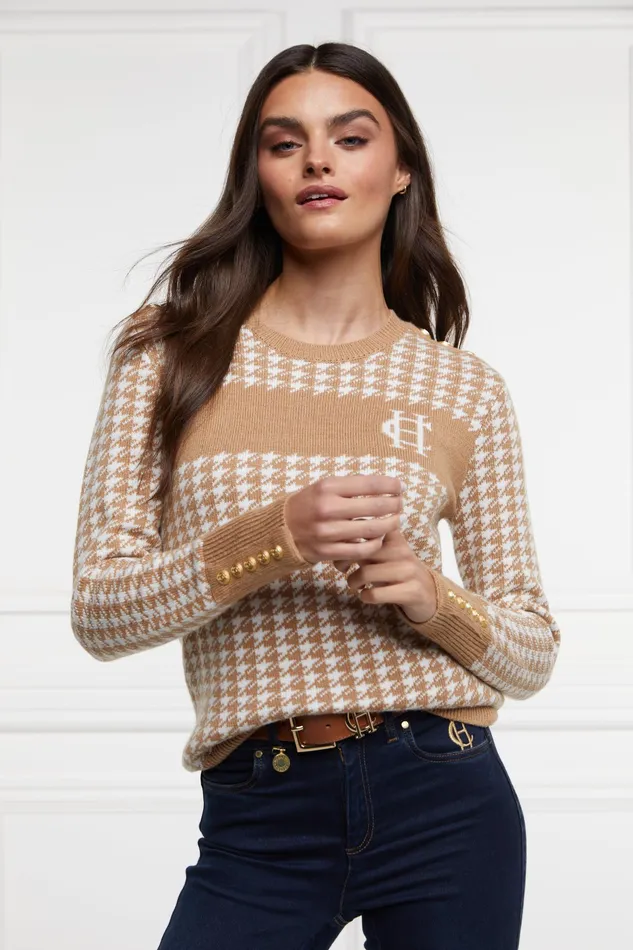 Holland Cooper Panel Crew Neck Knit Camel Houndstooth Women Knitwear Holland Cooper Panel Crew Neck Knit Camel Houndstooth Women Knitwear