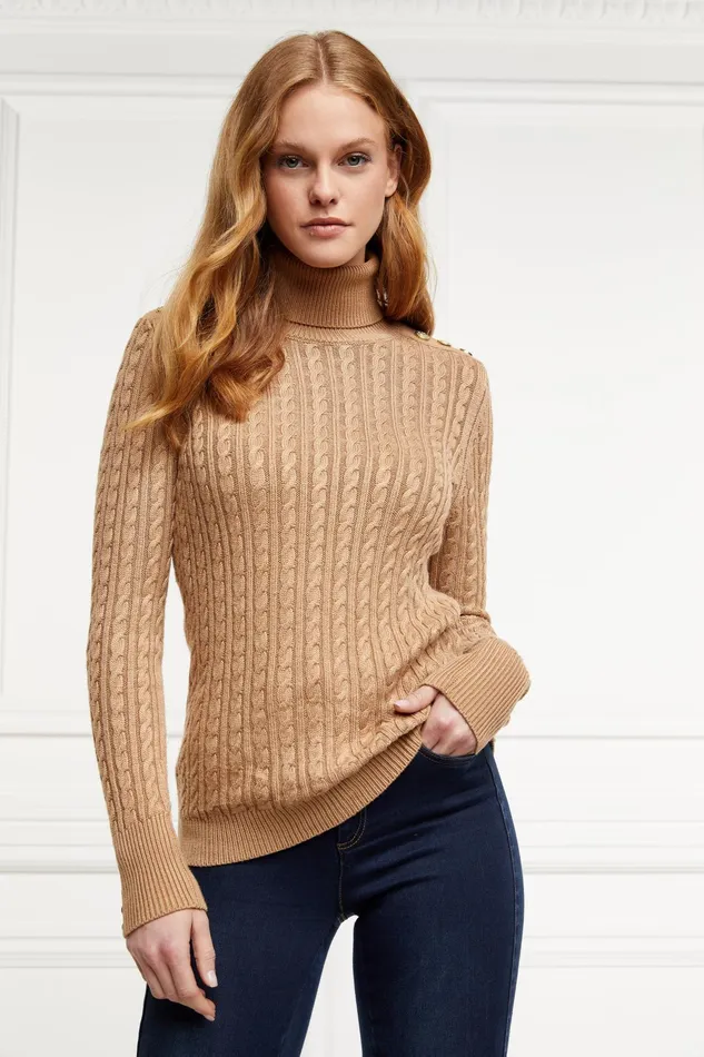Holland Cooper Seattle Roll Neck Cable Knit Dark Camel Marl Women Knitwear