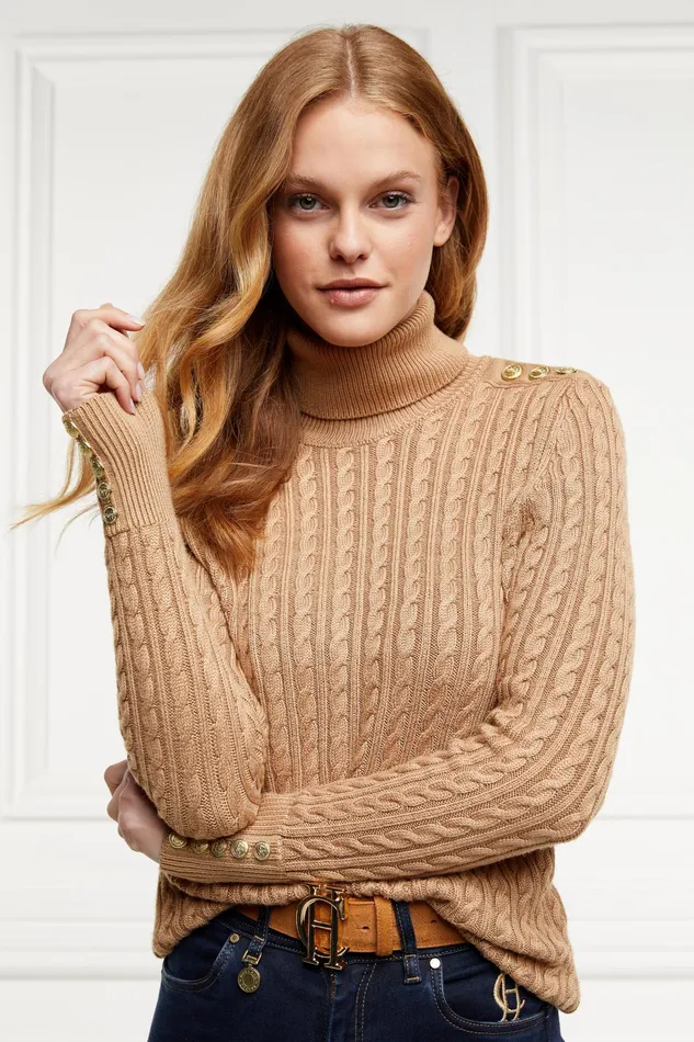 Holland Cooper Seattle Roll Neck Cable Knit Dark Camel Marl Women Knitwear Holland Cooper Seattle Roll Neck Cable Knit Dark Camel Marl Women Knitwear