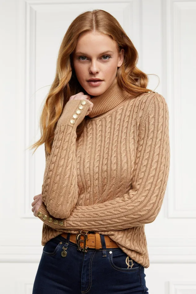 Holland Cooper Seattle Roll Neck Cable Knit Dark Camel Marl Women Knitwear Holland Cooper Seattle Roll Neck Cable Knit Dark Camel Marl Women Knitwear