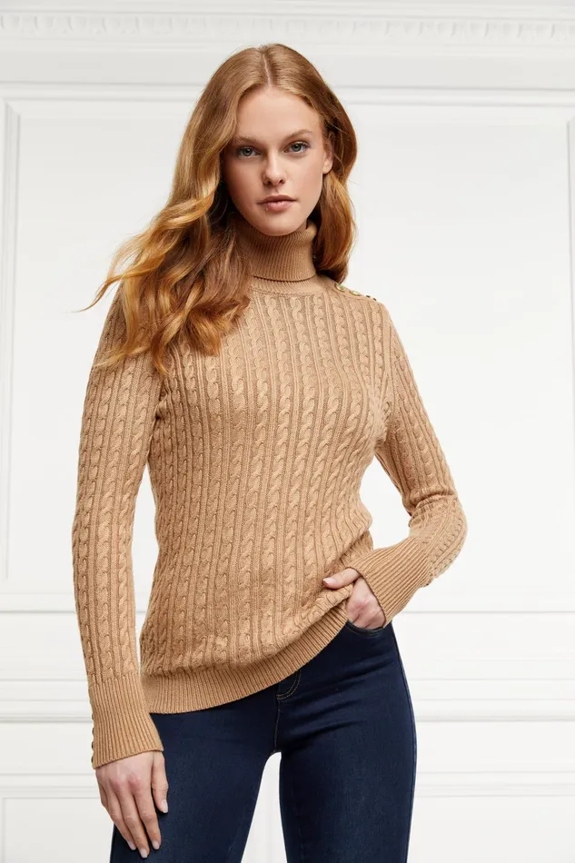 Holland Cooper Seattle Roll Neck Cable Knit Dark Camel Marl Women Knitwear Holland Cooper Seattle Roll Neck Cable Knit Dark Camel Marl Women Knitwear
