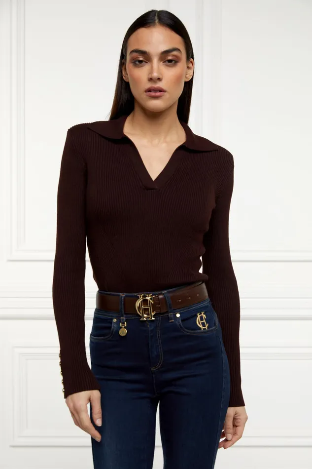 Holland Cooper VNeck Rib Top Chocolate Women Knitwear Holland Cooper VNeck Rib Top Chocolate Women Knitwear