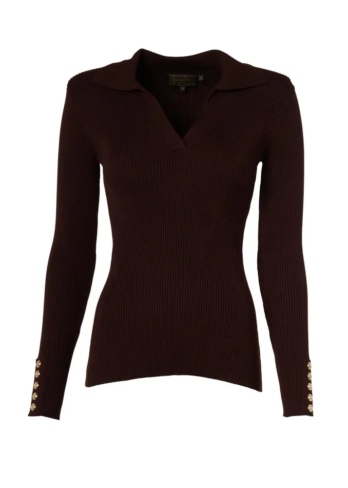 Holland Cooper VNeck Rib Top Chocolate Women Knitwear Holland Cooper VNeck Rib Top Chocolate Women Knitwear