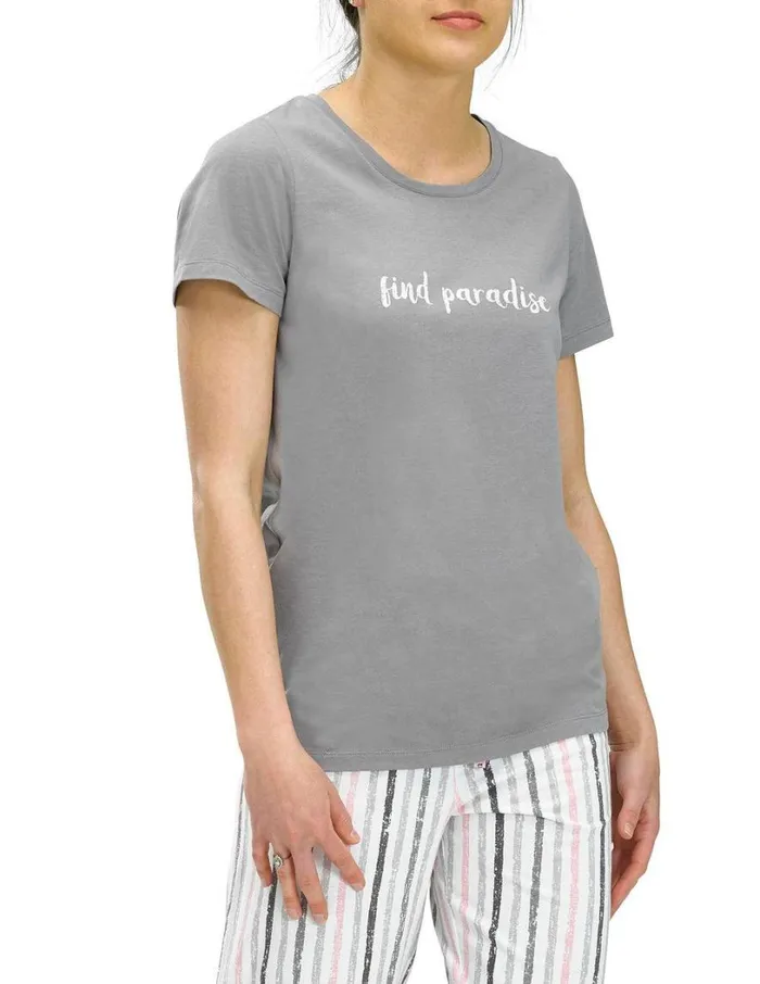 Hue Find Paradise Short Sleeve Scoop Neck Tee Silver Filigree Women Tops