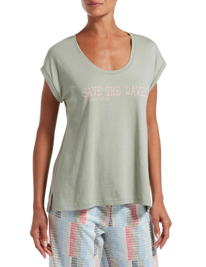 Hue Save The Waves Short Sleeve Sleep Tee Green Milieu Women Tops