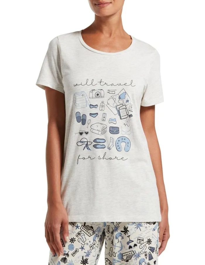Hue Will Travel Short Sleeve Tee Whitesand Heather Women Tops