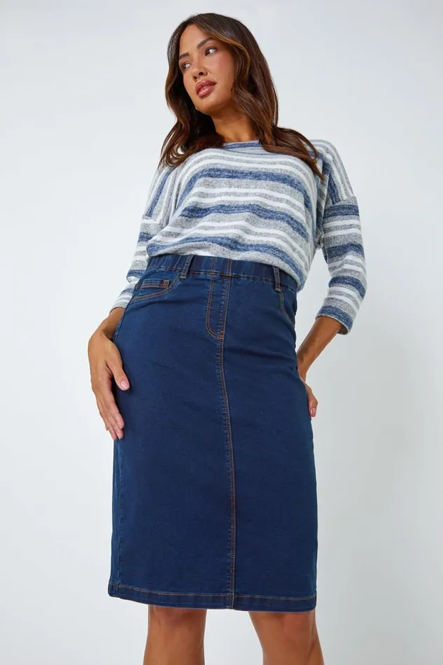 Indigo Cotton Denim Stretch A Line Skirt Women Roman Skirts