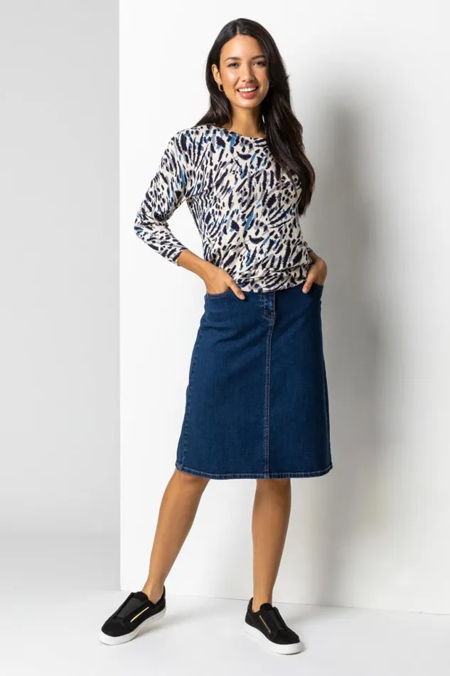 Indigo Cotton Denim Stretch A Line Skirt Women Roman Skirts