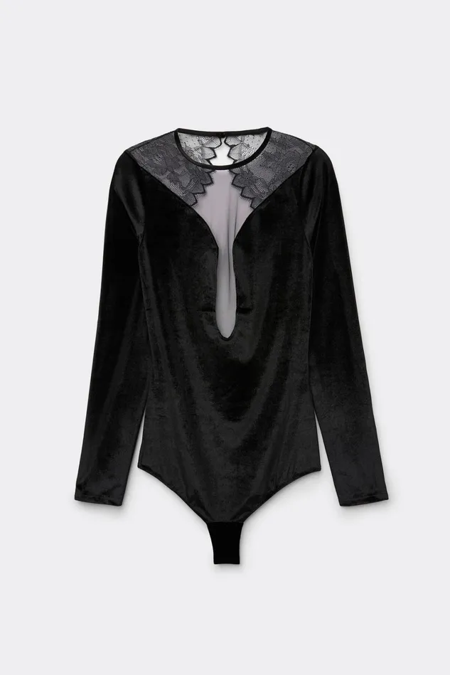 Intimissimi Bodysuits Women Intriguing Beauty Velvet Long Sleeve Bodysuit Black 019 8211 Black