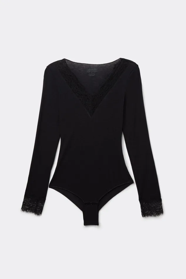 Intimissimi Bodysuits Women Long Sleeve Bodysuit In Ultralight Modal With Cashmere And Lace Black 019 8211 Black