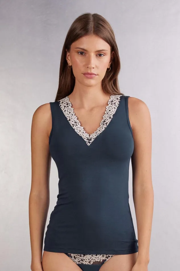 Intimissimi Camisoles Tank Tops Women Pretty Flower Modal And Lace Tank Top Blue 347i 8211 Deep Bluevanilla Intimissimi Camisoles Tank Tops Women Pretty Flower Modal And Lace Tank Top Blue 347i 8211 Deep Bluevanilla