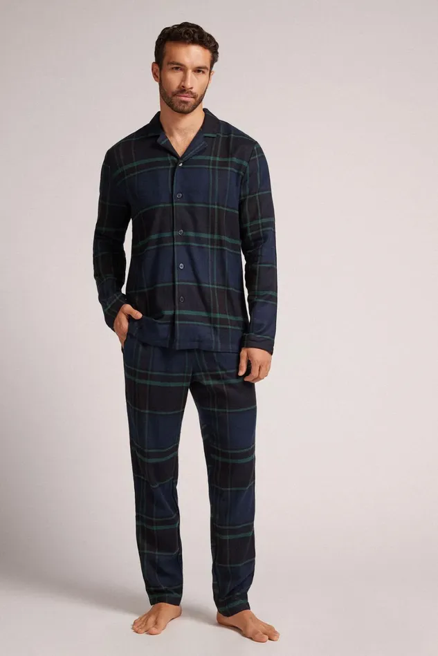 Intimissimi Long Pajamas Men Macro Check Print Brushed Cotton Cloth Button Up Full Length Pajamas Blue 743j 8211 Macro Check Bluverde