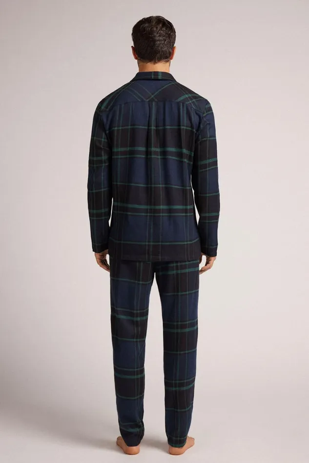 Intimissimi Long Pajamas Men Macro Check Print Brushed Cotton Cloth Button Up Full Length Pajamas Blue 743j 8211 Macro Check Bluverde