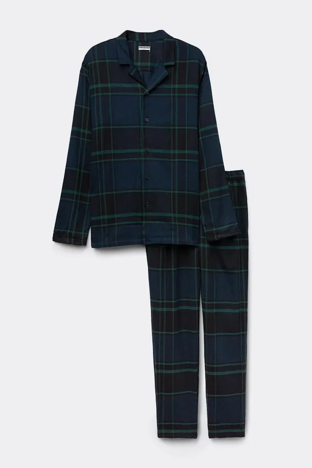 Intimissimi Long Pajamas Men Macro Check Print Brushed Cotton Cloth Button Up Full Length Pajamas Blue 743j 8211 Macro Check Bluverde