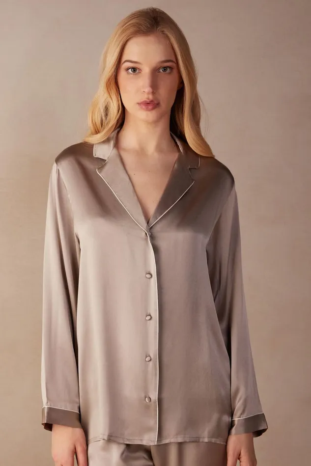 Intimissimi Long Pajamas Women MannishCut Jacket In Silk Satin Natural 651i 8211 Powder Beige