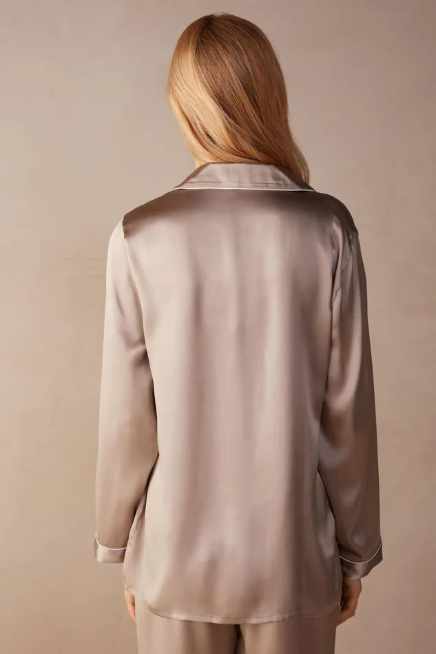 Intimissimi Long Pajamas Women MannishCut Jacket In Silk Satin Natural 651i 8211 Powder Beige