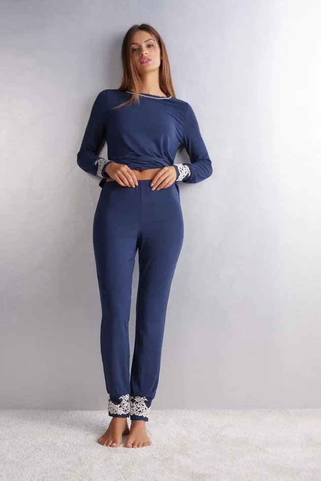 Intimissimi Long Pajamas Women Pretty Flowers Full Length Cuffed Modal Pants Blue 347i 8211 Deep Bluevanilla