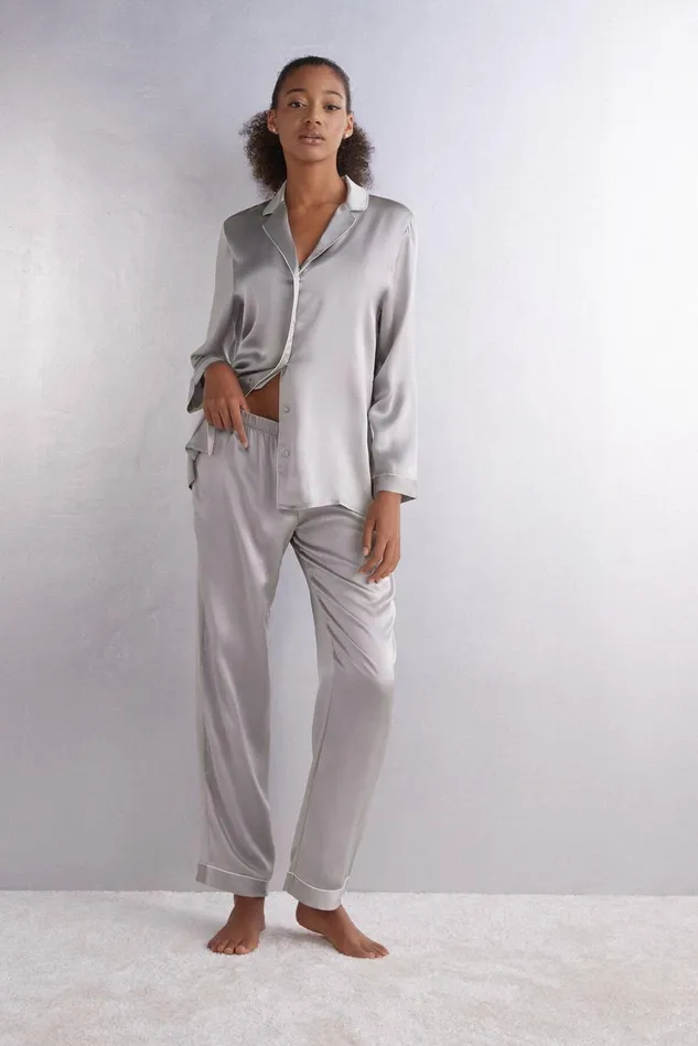 Intimissimi Long Pajamas Women Silk Satin Pajama Pants Pale Grey 347j 8211 Ice Grey