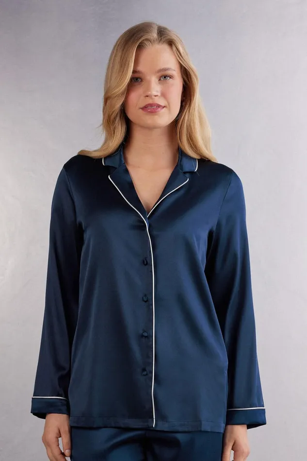 Intimissimi Long Pajamas Women Swear Cut Silk Jacket Blue 1467 8211 Intense Blue