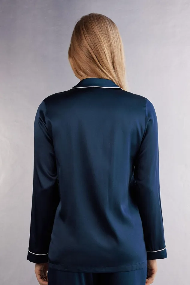 Intimissimi Long Pajamas Women Swear Cut Silk Jacket Blue 1467 8211 Intense Blue