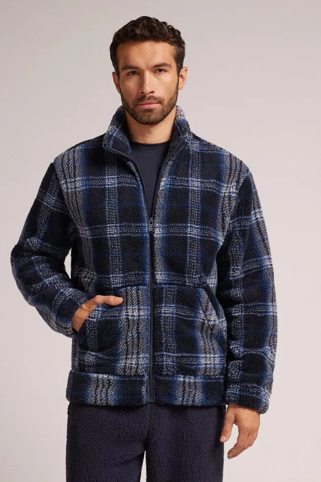 Intimissimi Long Sleeve Tops Men Check Pattern Polar Fleece Zip Sweatshirt Blue 714j 8211 Blu Notte Check Azzurro