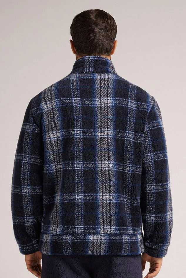 Intimissimi Long Sleeve Tops Men Check Pattern Polar Fleece Zip Sweatshirt Blue 714j 8211 Blu Notte Check Azzurro