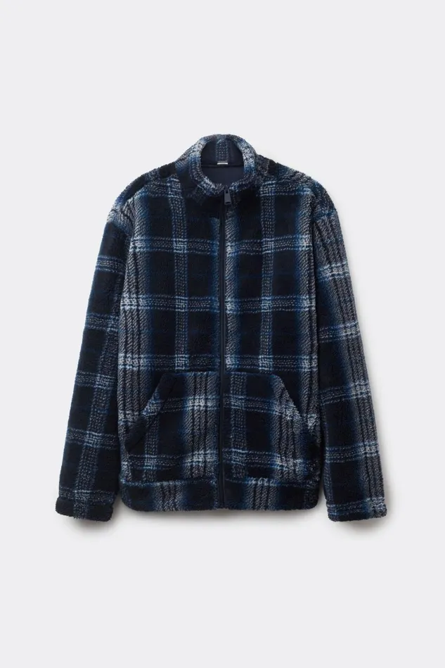 Intimissimi Long Sleeve Tops Men Check Pattern Polar Fleece Zip Sweatshirt Blue 714j 8211 Blu Notte Check Azzurro