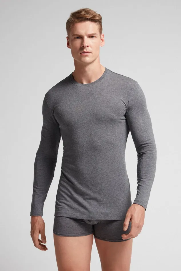 Intimissimi Long Sleeve Tops Men Stretch Superior Cotton Long Sleeve Top Dark Grey 5227 8211 Heathered Graphite Grey