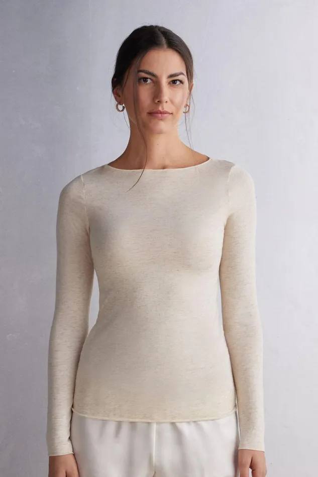 Intimissimi Long Sleeve Tops Women Crewneck Top In Modal Light With Cashmere Lam Pale Pink 843i 8211 Cream White Lameacute Intimissimi Long Sleeve Tops Women Crewneck Top In Modal Light With Cashmere Lam Pale Pink 843i 8211 Cream White Lameacute